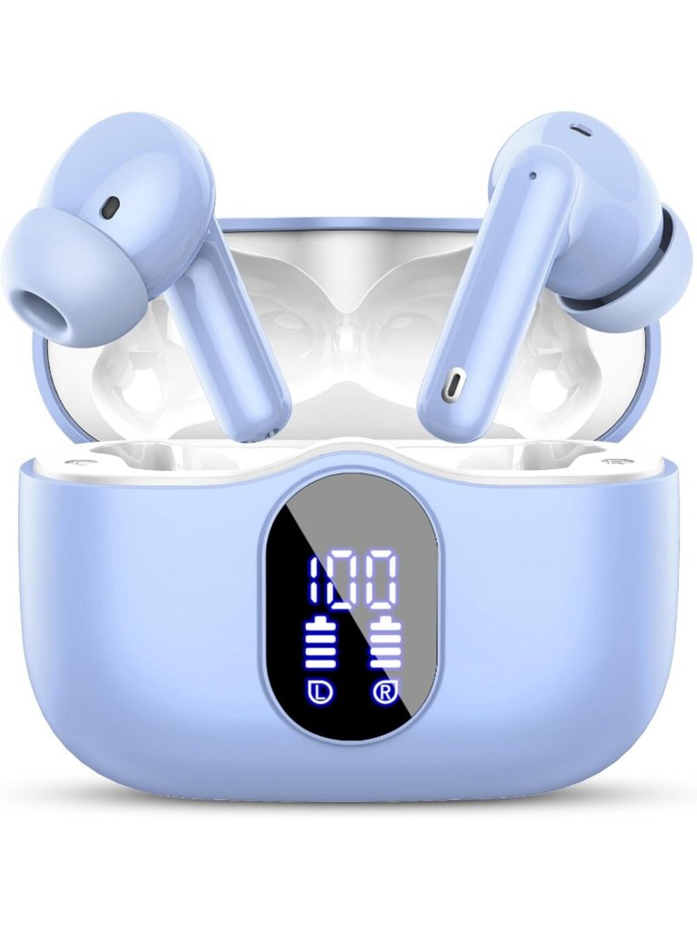 Wireless Pale Blue Bass Stereo Noise Cancelling Mic LED Display Bluetooth Earbud